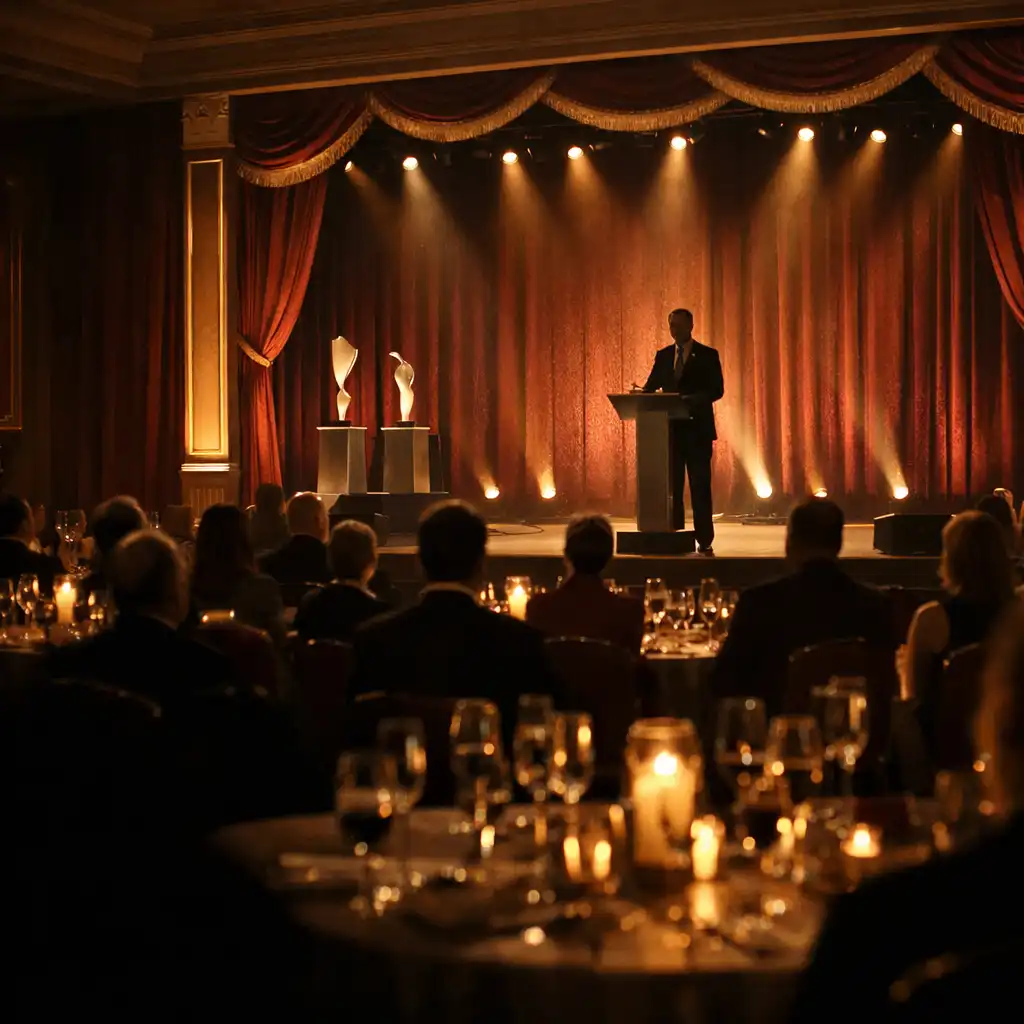 A formal awards stage in an elegant venue with warm spotlights and audience table silhouettes.
