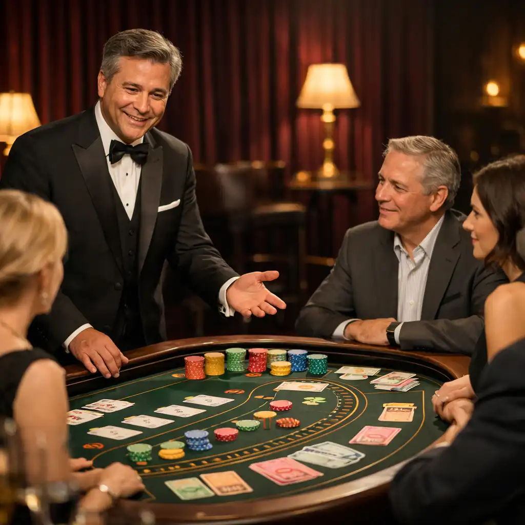 A professional host guiding adult guests around a polished themed table with visible play-money chips.