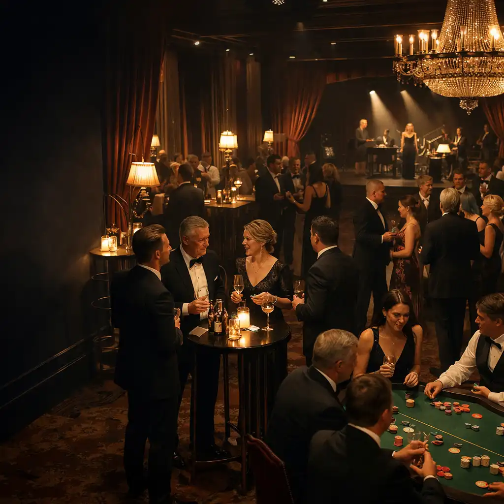 Guests conversing in a warmly lit and styled corporate gala venue