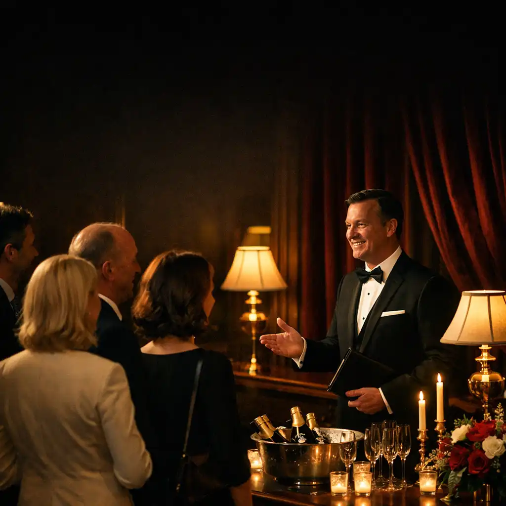 A host welcoming guests into an elegant corporate celebration venue