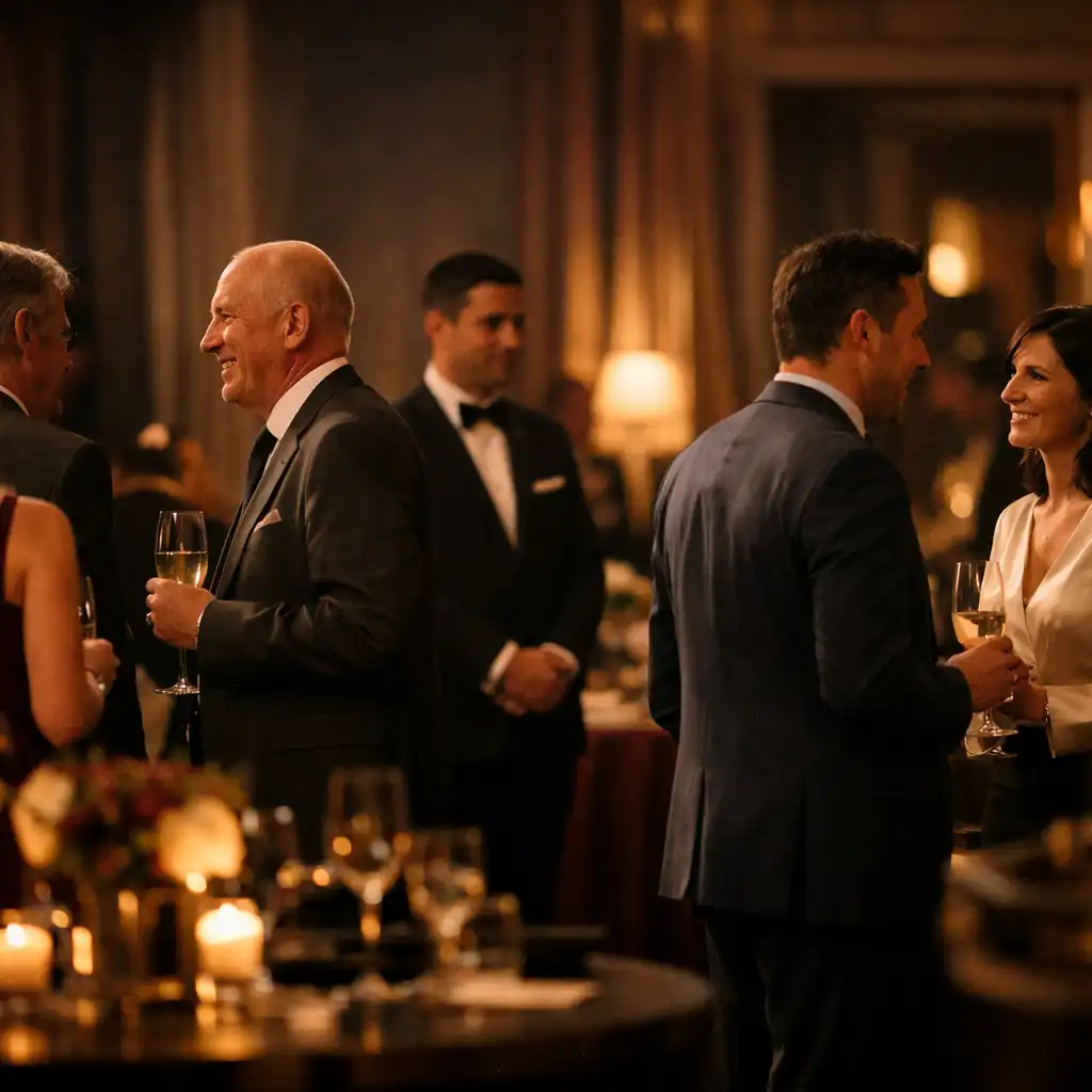 Guests in conversation at a sophisticated corporate evening reception