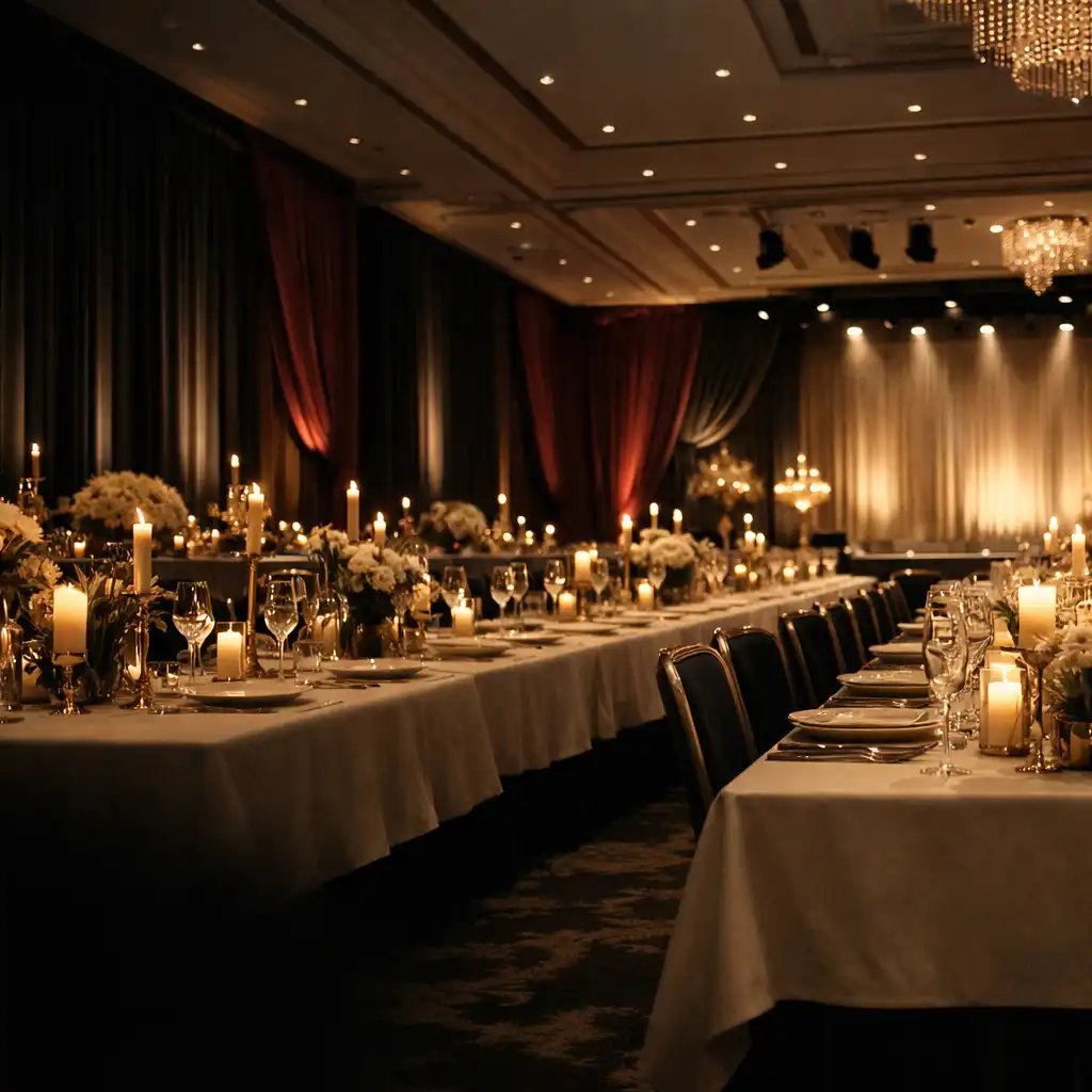 A luxury corporate celebration venue prepared with dressed tables and warm lighting