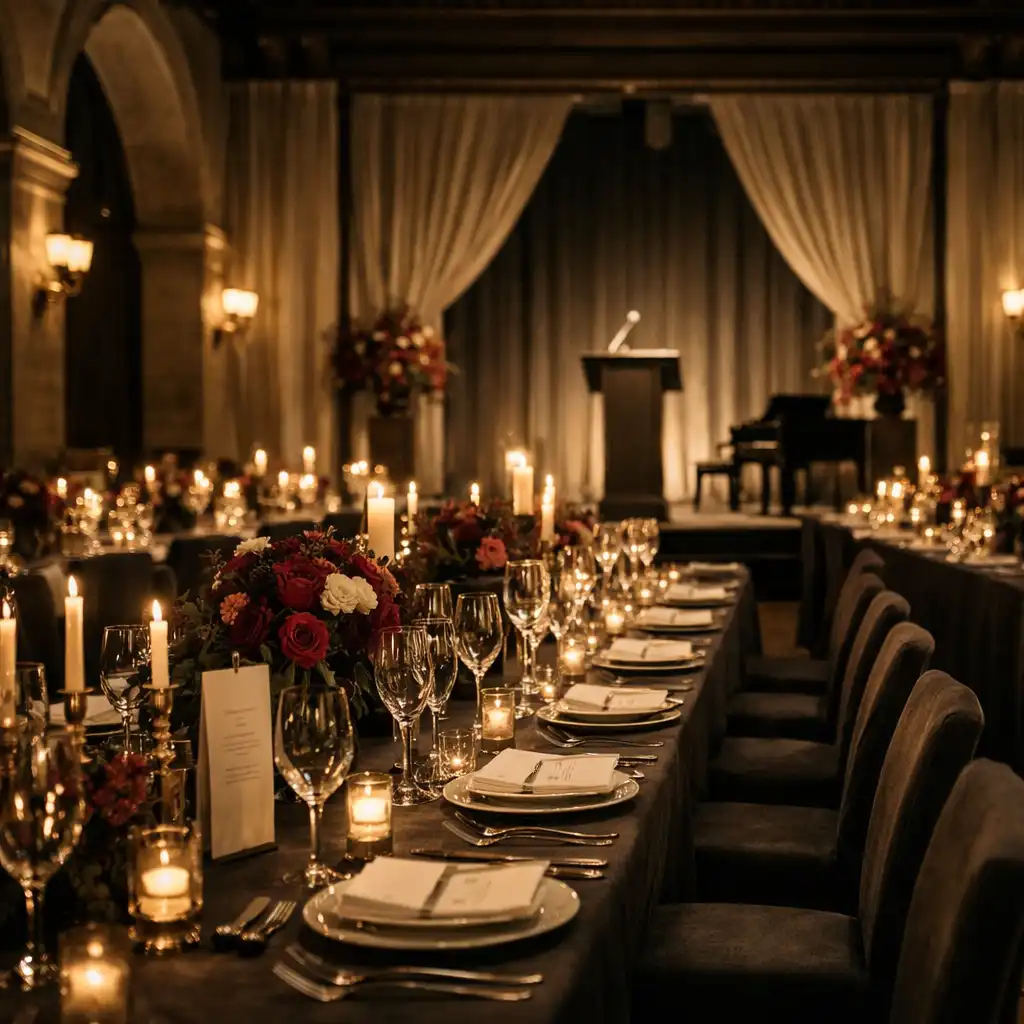 A formal corporate gala dining room with dressed tables, warm lighting and a stage in the distance.