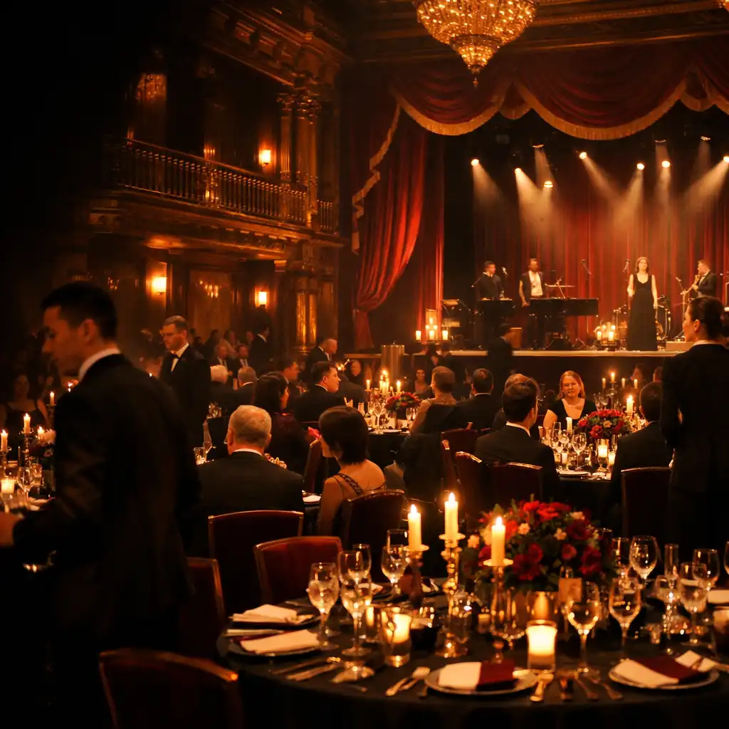 Elegant evening gala with candlelit tables, discreet staff and a softly lit stage