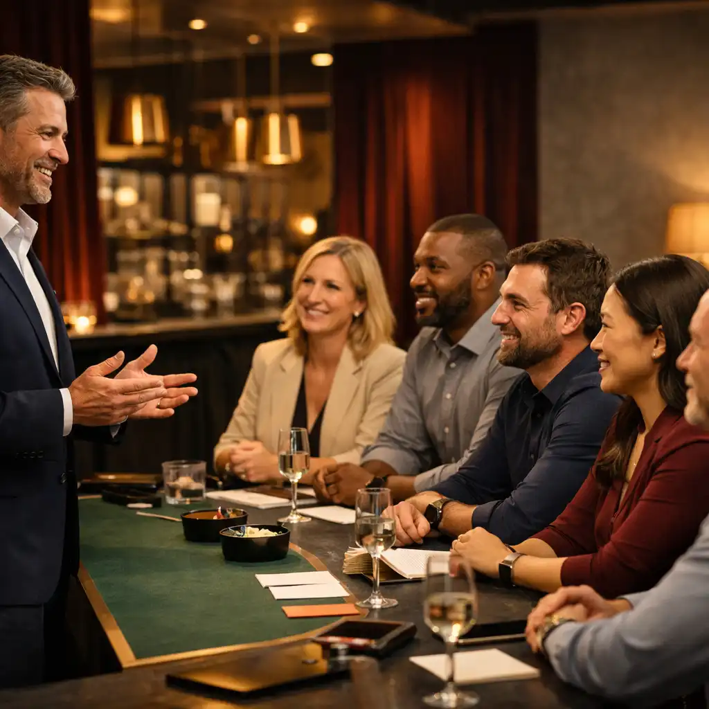 A professional host welcoming adult colleagues around an elegant activity table in a styled venue.