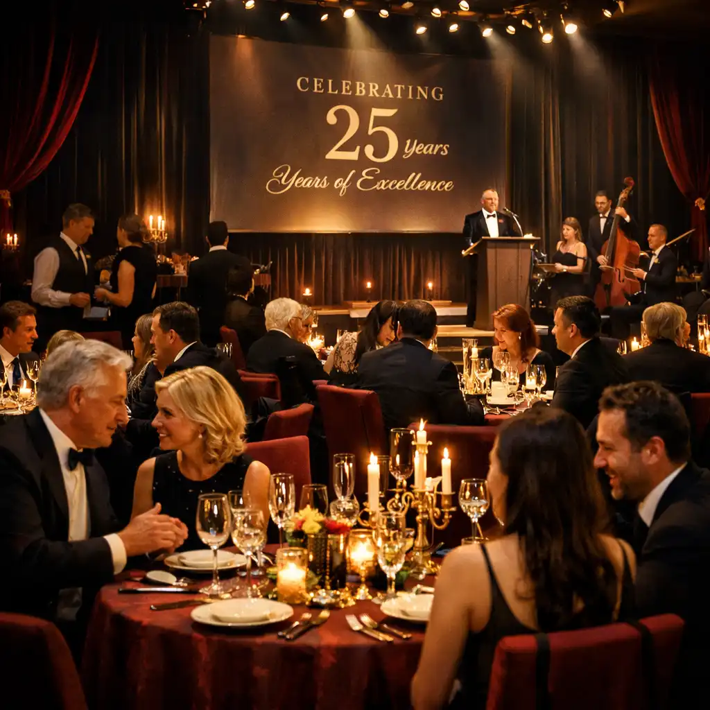 Formal gala dining room with candlelit tables and a refined stage moment