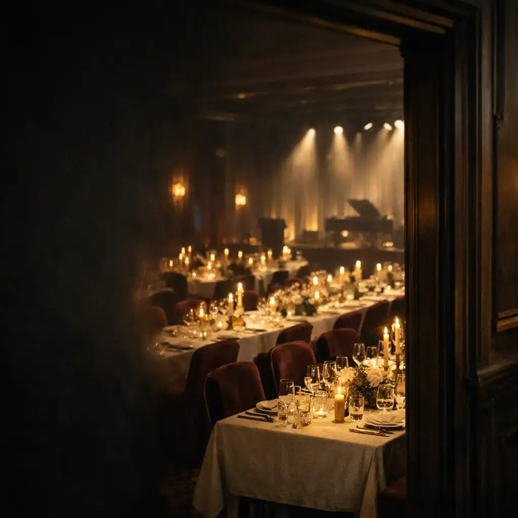 A richly dressed corporate gala room with long dining tables and warm stage lighting.