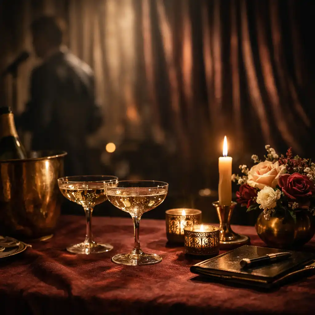 Candlelit private entertainment setting with textured linen and champagne glassware