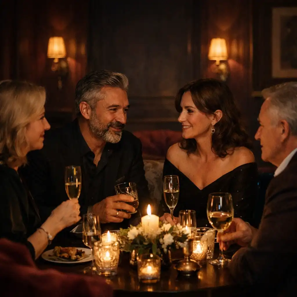 Adult guests in relaxed conversation around a styled table in an intimate luxury lounge.