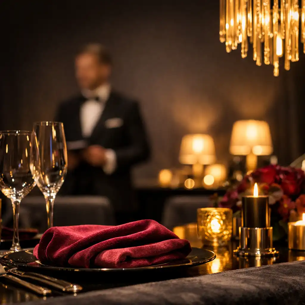 Styled gala table detail with warm lighting and venue staging in the background
