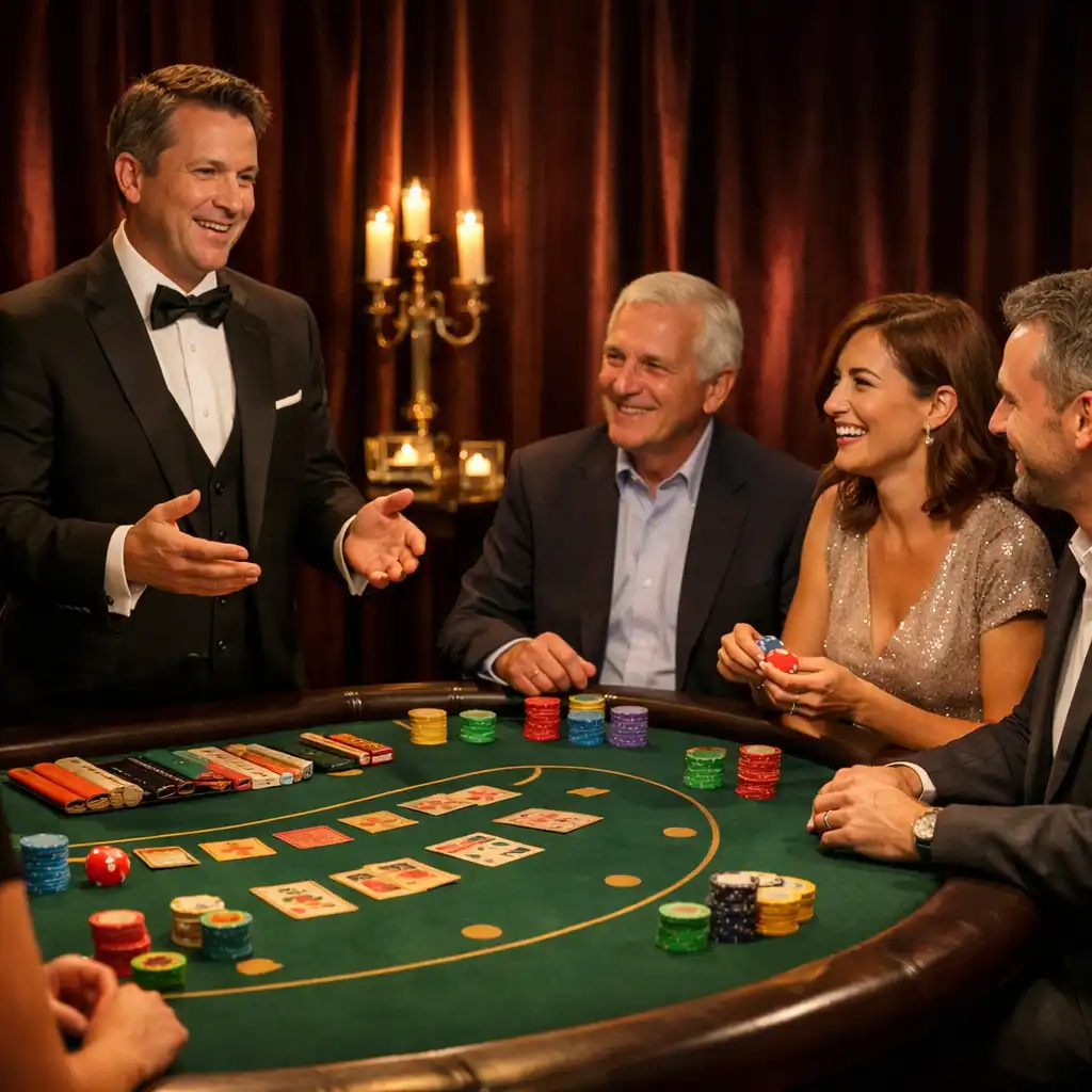 Host facilitating a social play-money table activity for adult guests at a corporate evening event