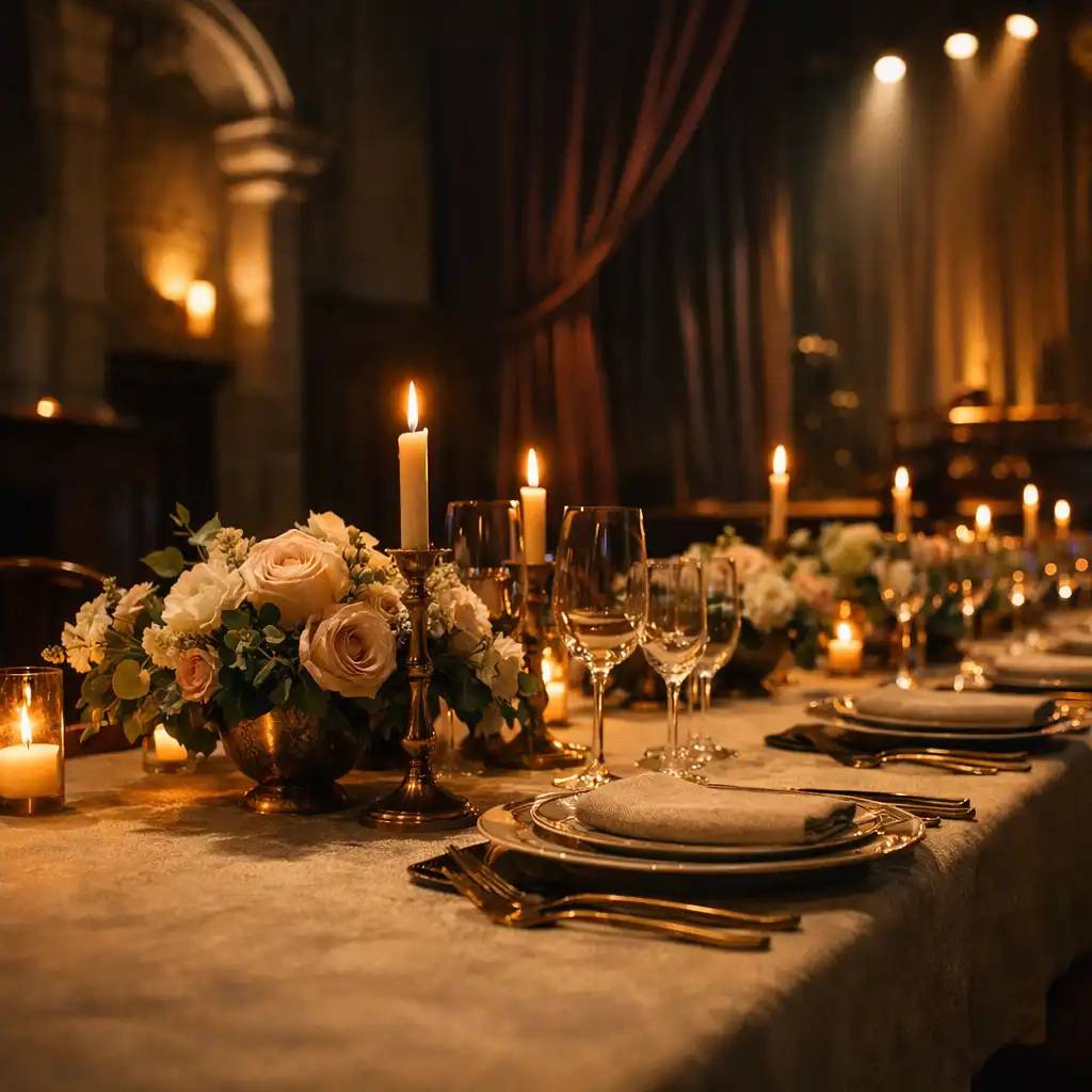 Elegant long dining table styled with warm ivory linen, glassware and brass candleholders