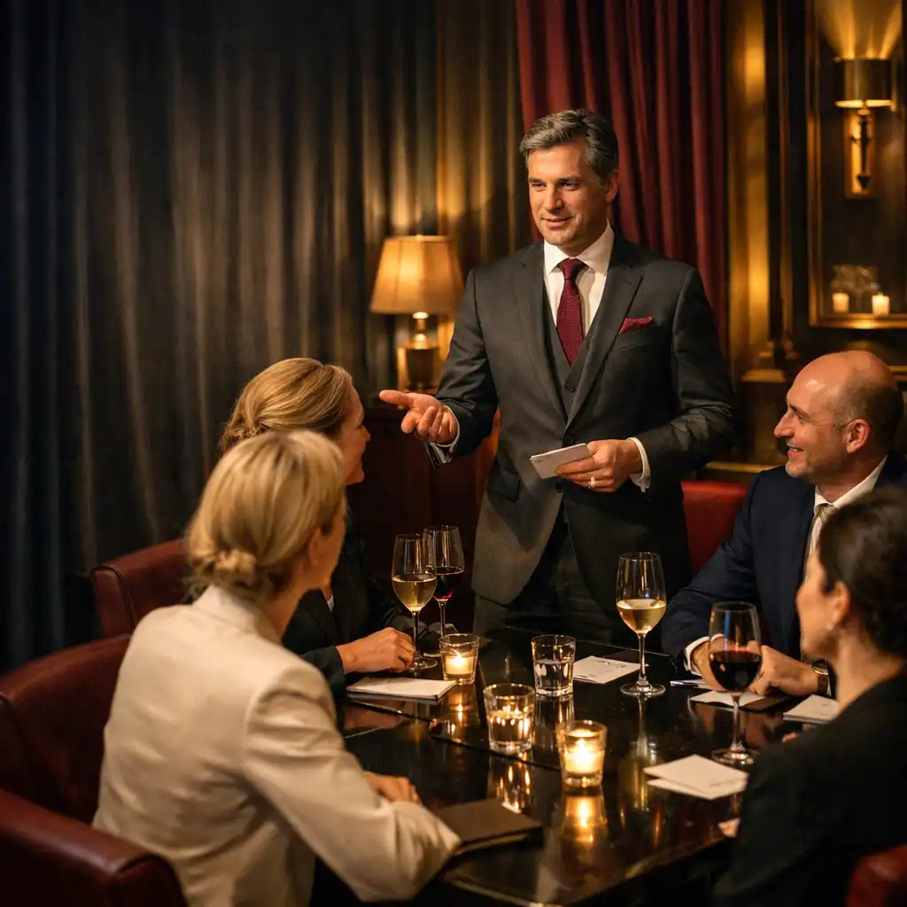 Professional host guiding colleagues through a refined corporate team-building occasion