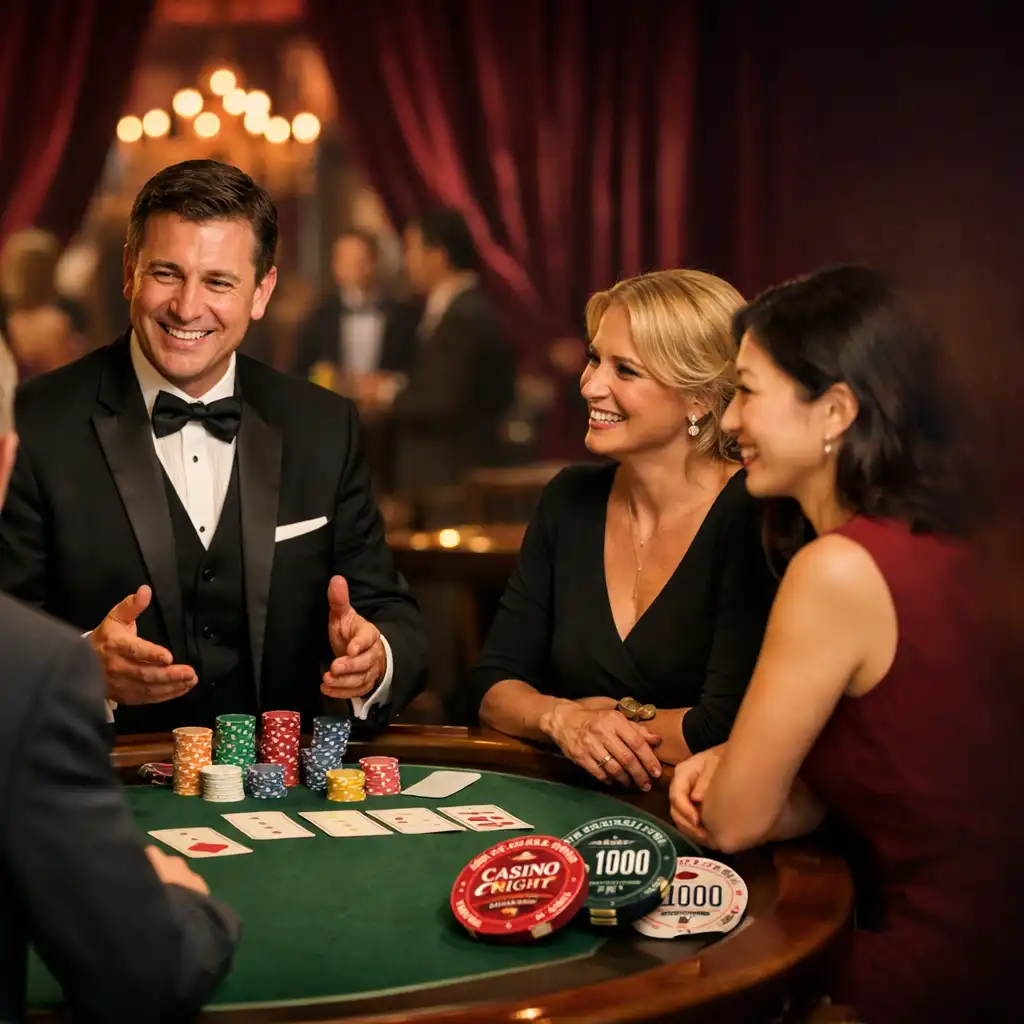 Host welcoming adult corporate guests at a casino-style entertainment table with play-money tokens