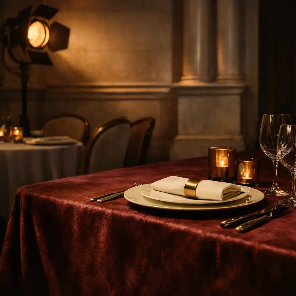 Refined venue styling detail with velvet, brass and warm stage lighting