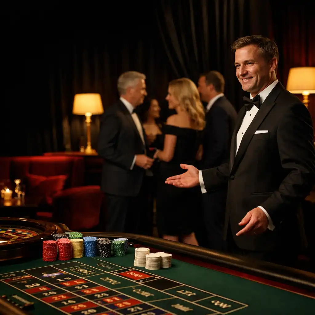 A formally dressed host welcoming guests beside a styled entertainment table at a corporate event