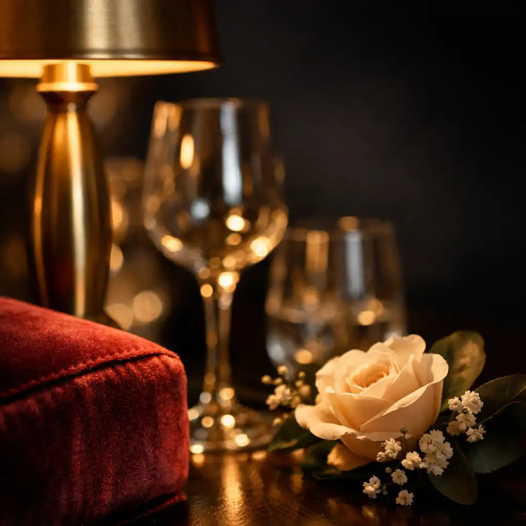 Close detail of burgundy velvet, champagne-gold lighting and glassware in a dressed event venue