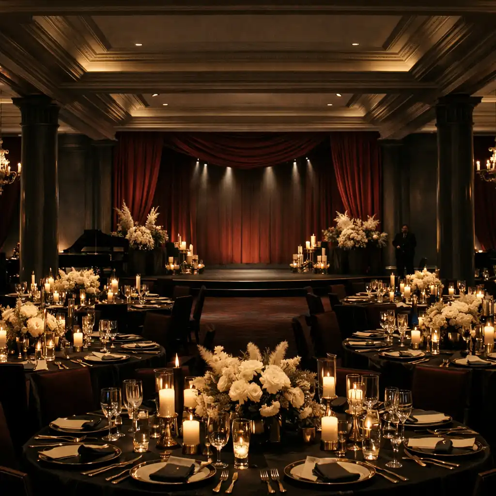Transformed gala interior with sculptural tables, warm lighting and a prepared stage