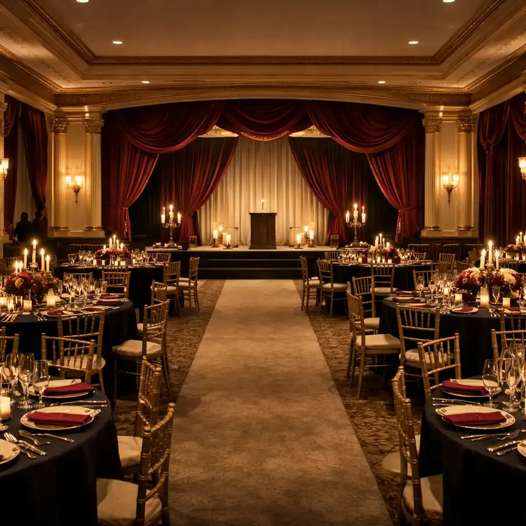 Candlelit gala dining room with formally dressed tables and a softly framed stage