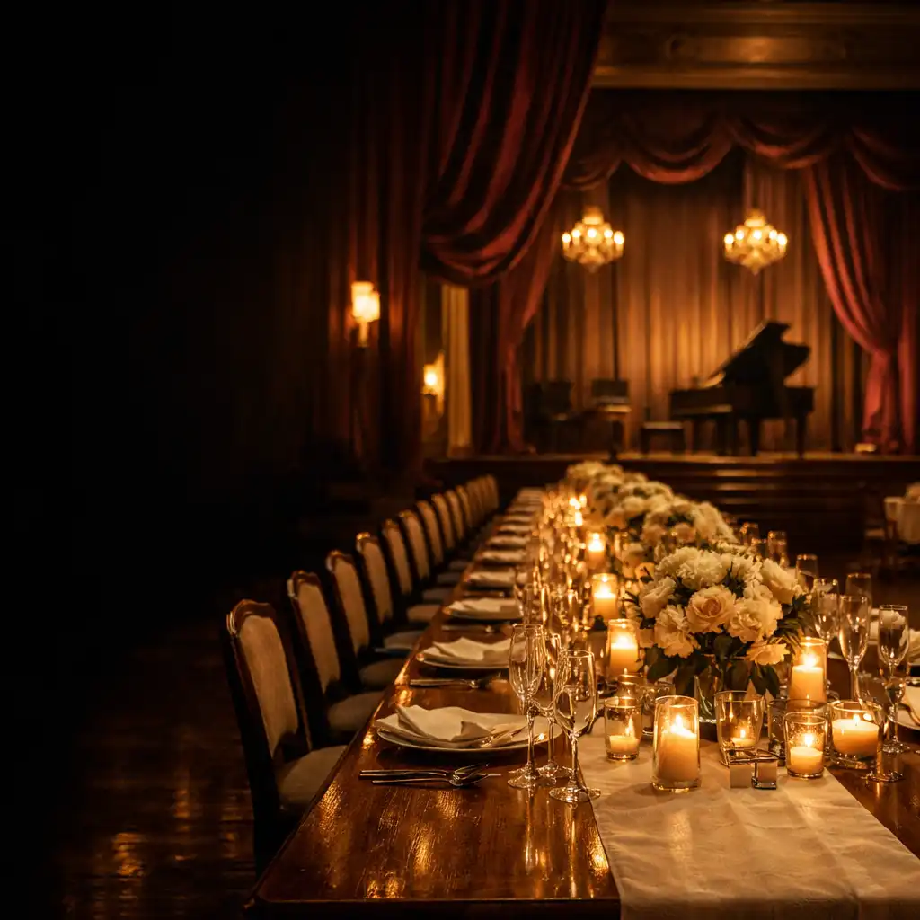 Refined gala dining room with dressed tables, burgundy drapery and a softly lit stage