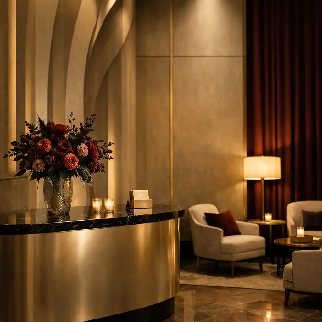 Modern corporate reception space with warm indirect lighting and refined hospitality furnishings