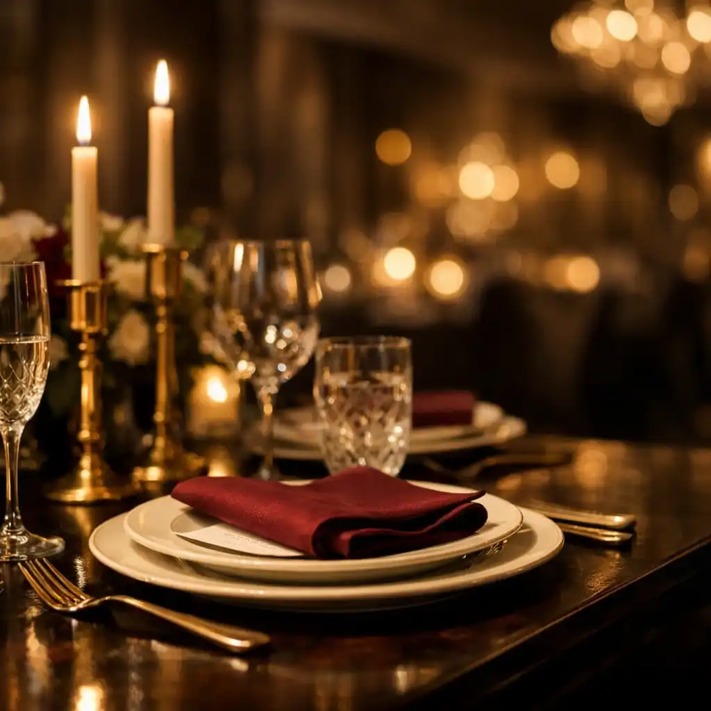 Luxury dinner tablescape with ivory settings, crystal glassware and warm brass-toned details